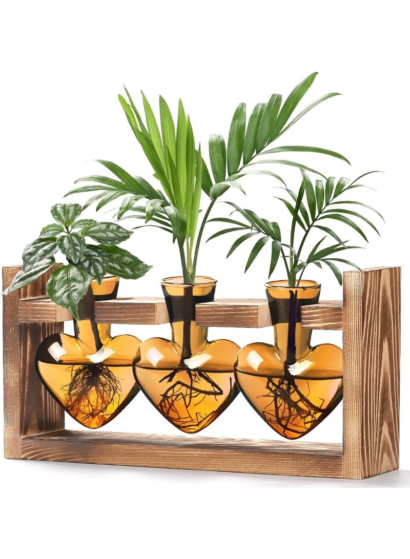 Arabest Heart Shaped Propagation Stations, Plant Terrarium with Wooden Stand, Plant Propagation Station for Hydroponics Plants Office Garden Home Decor, Gifts for Women Plant Lover (3 Vases, Brown) - Image 3